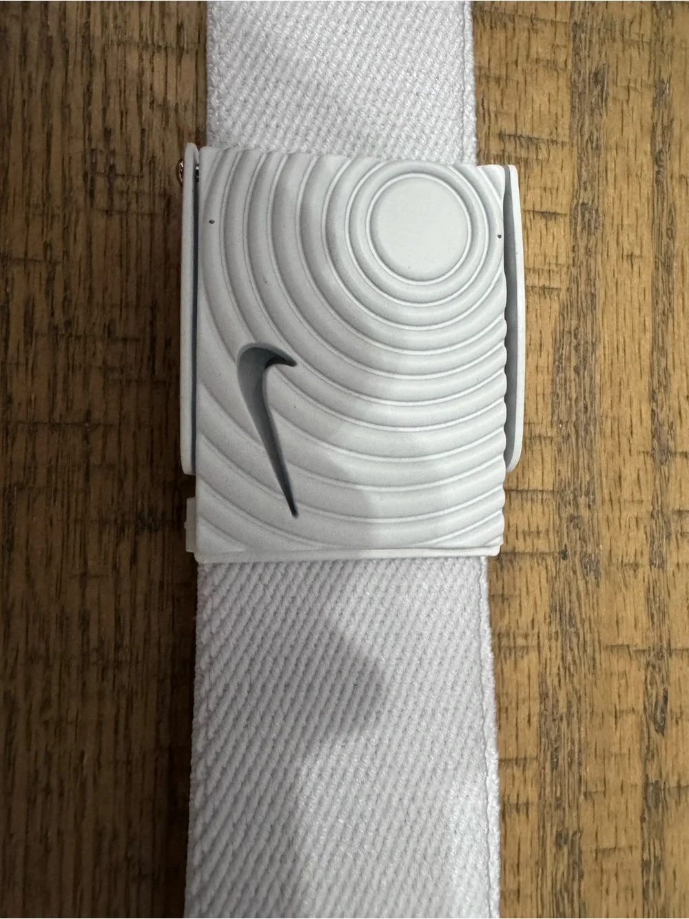 Nike White Webbing Belt with Silver-Tone Buckle and Swoosh
